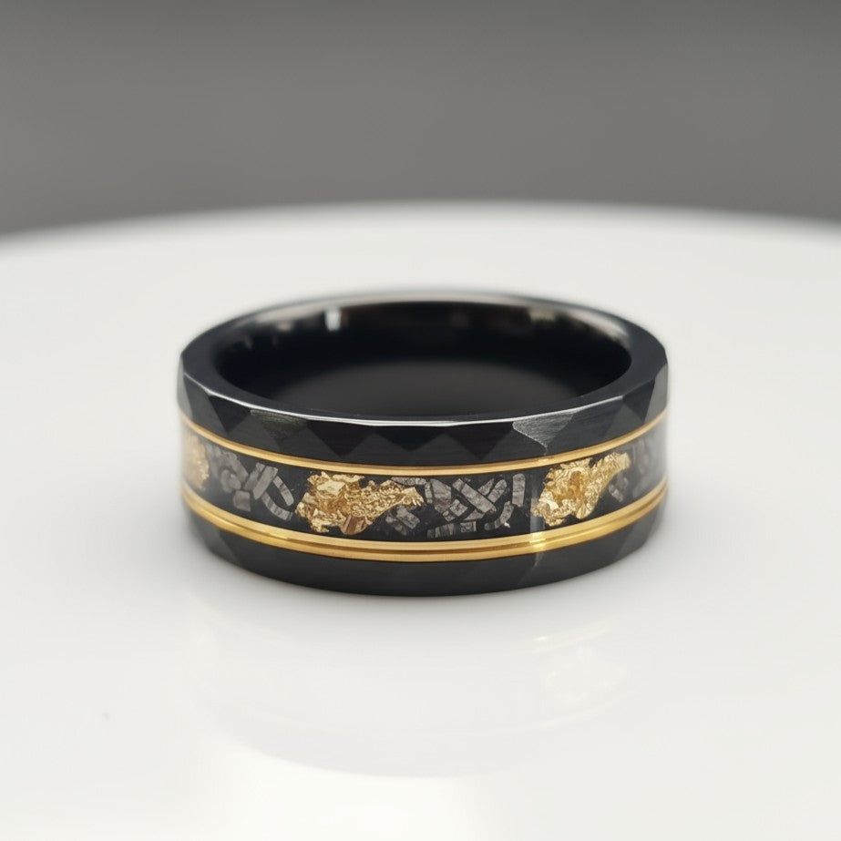 CELESTIUM Black Tungsten Wedding Ring – 8mm Polished Band with Meteorite & Gold Inlay