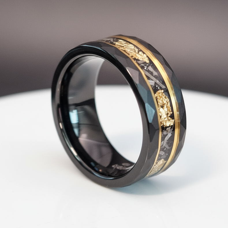 CELESTIUM Black Tungsten Wedding Ring – 8mm Polished Band with Meteorite & Gold Inlay