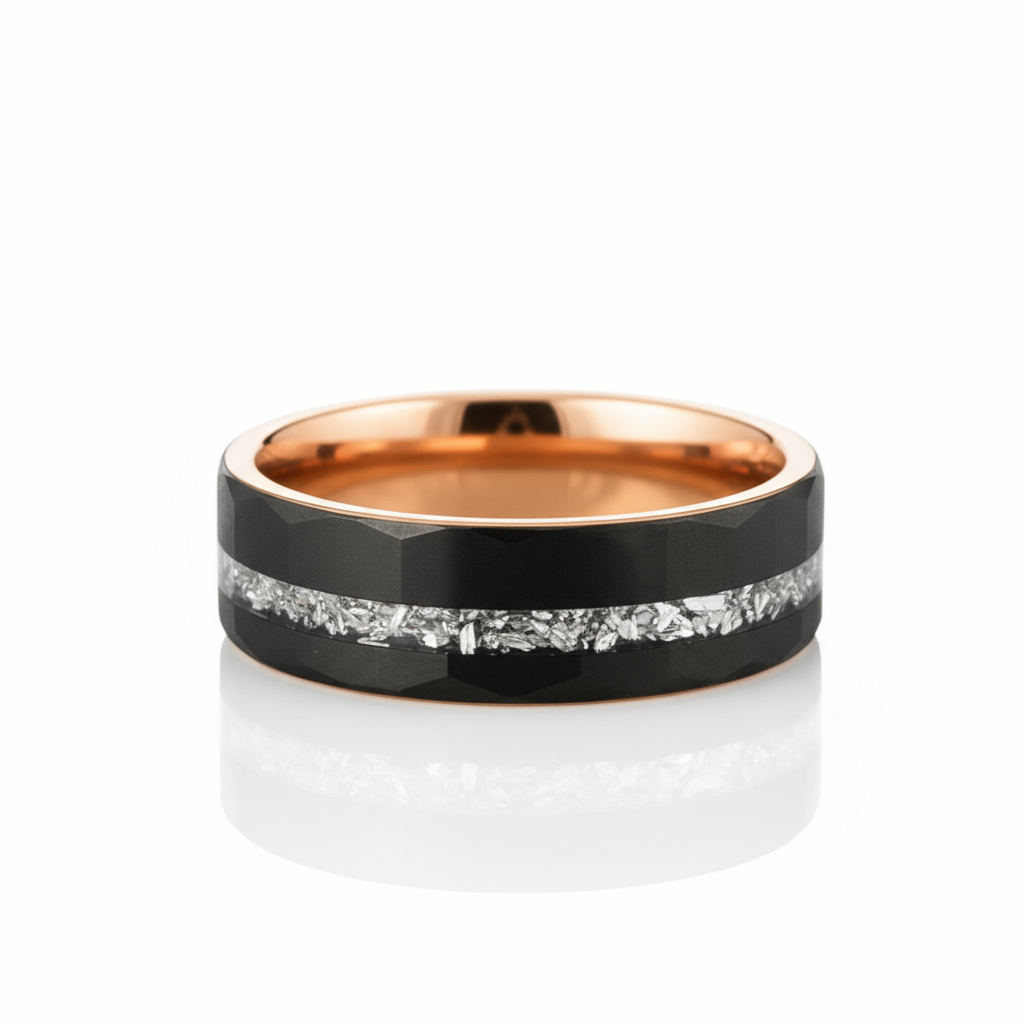 CELESTIUM Black Tungsten Wedding Ring – 8mm Hammered Band with Meteorite Inlay & Rose Gold Interior
