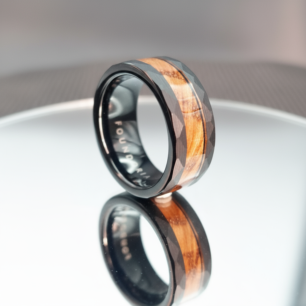 Black Wedding Band - Mens - Wood Inlay - Foundoria