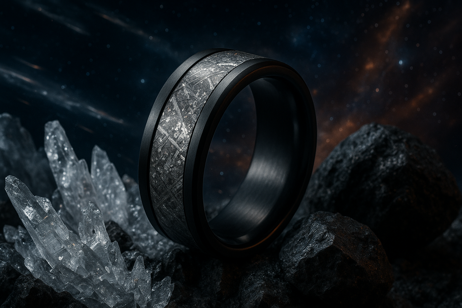 Black Zirconium men's wedding ring - meteorite inlay