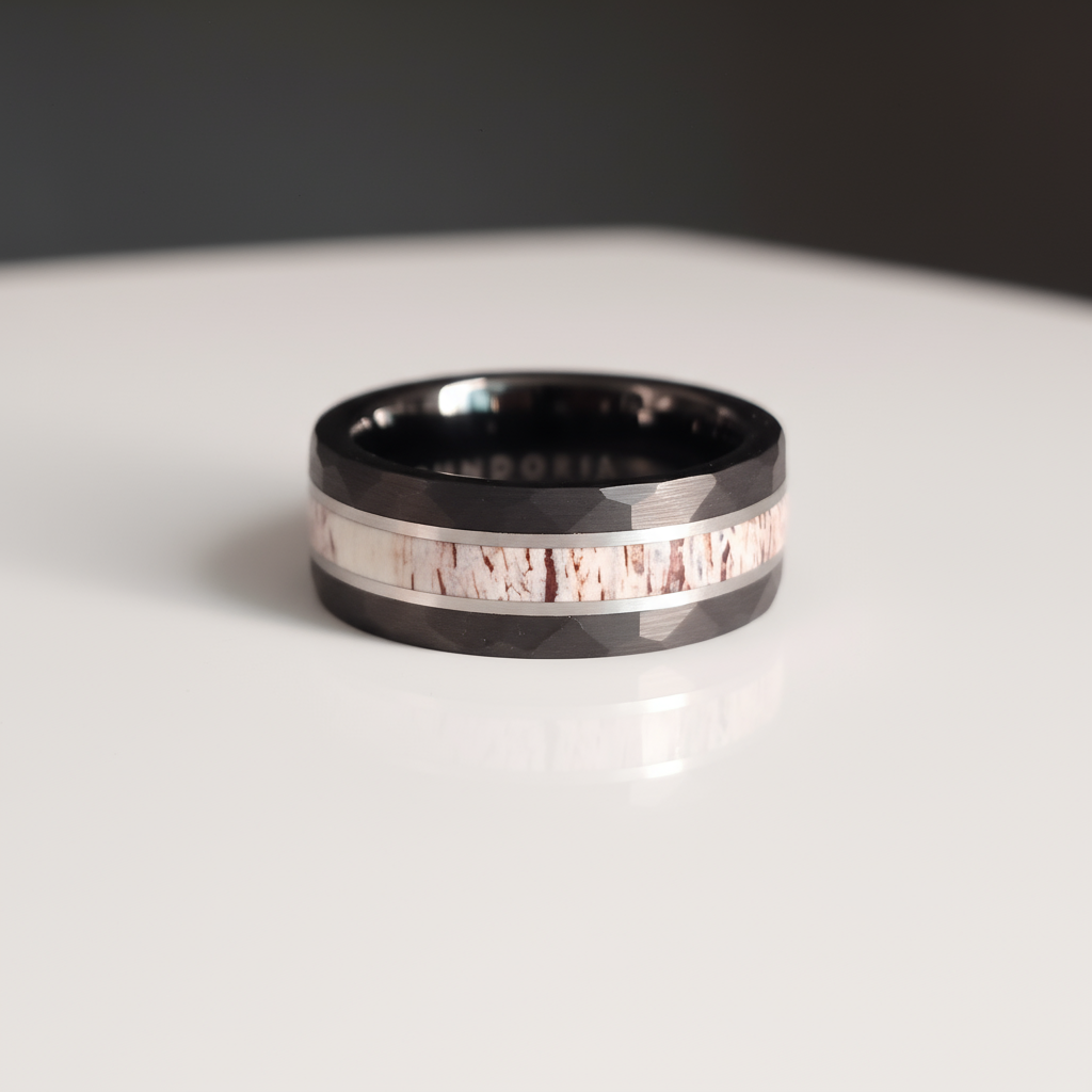 CERVUS Men’s Modern Ring - Black Hammered Tungsten with Antler inlay and silver trim - 8mm