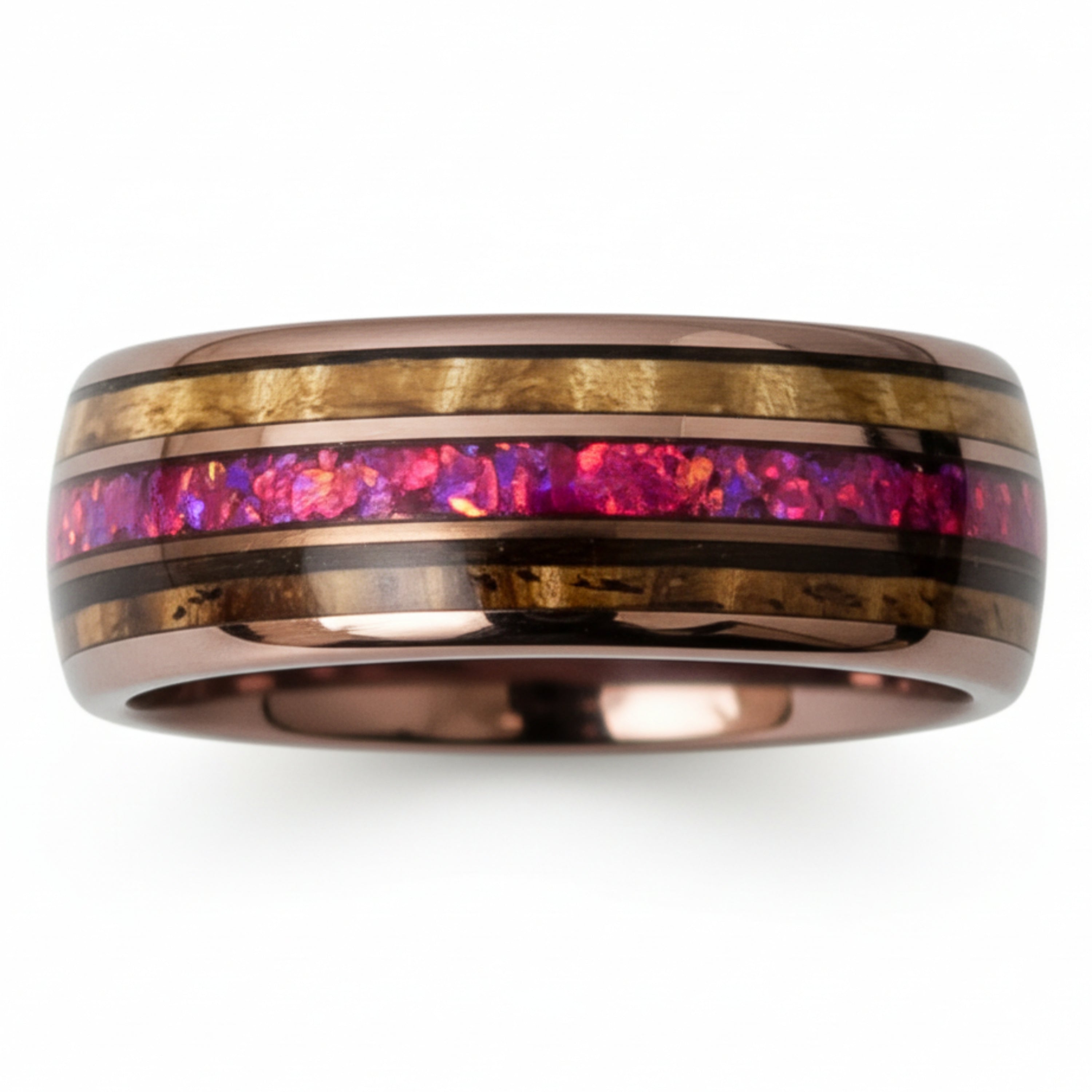 Caskara - Coffee Tungsten with Red Opal and Whiskey Barrel Wood