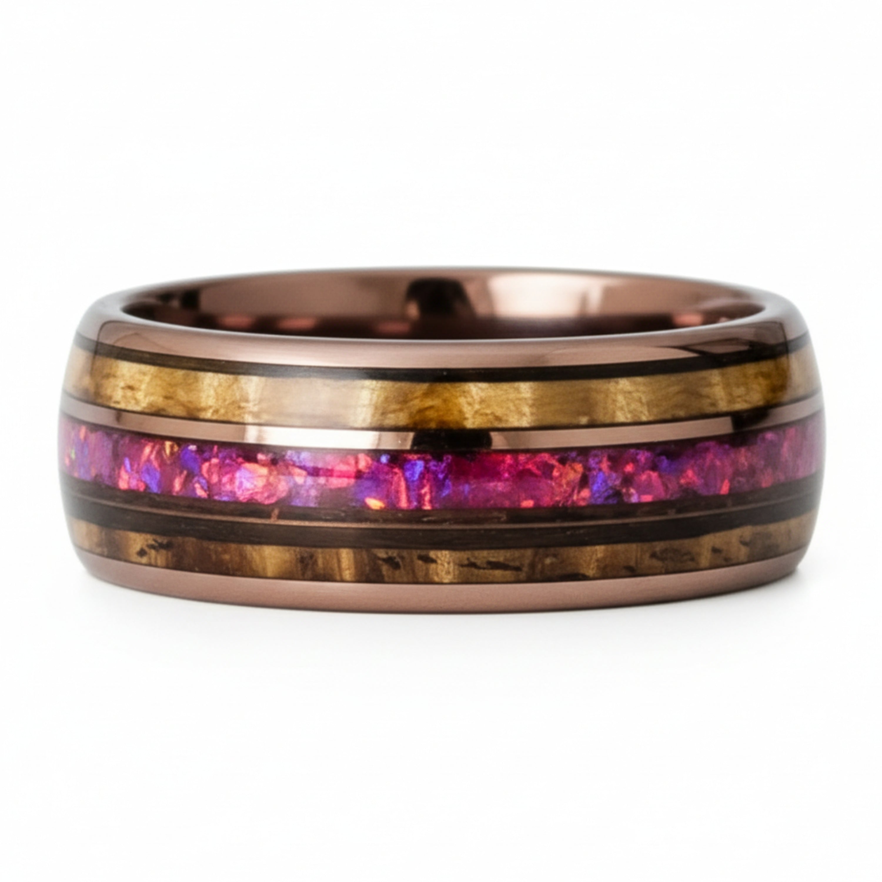 Caskara - Coffee Tungsten with Red Opal and Whiskey Barrel Wood