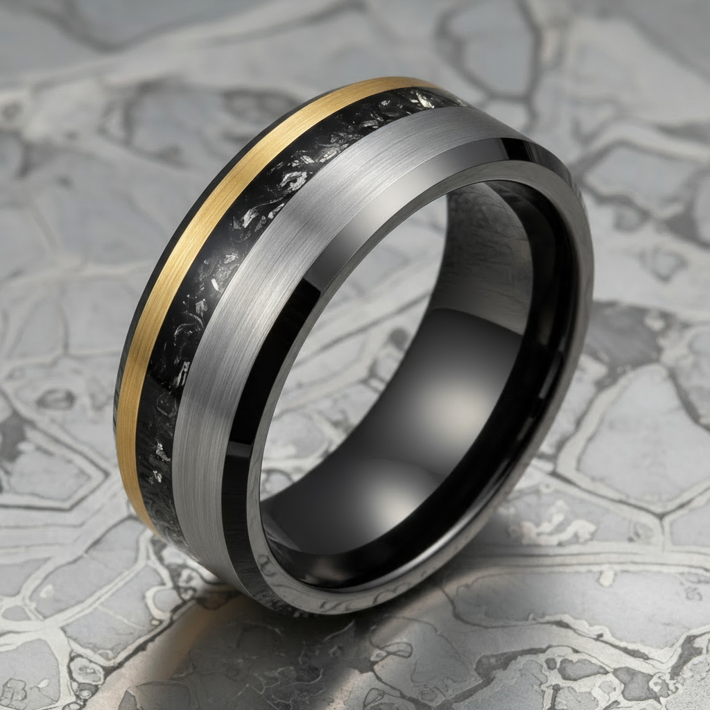 CELESTIUM Two-Tone Tungsten Wedding Band for Men - Meteorite, Gold and Silver with Black interior