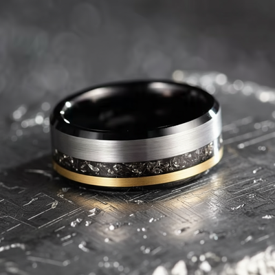 CELESTIUM  Two-tone Tungsten Commitment Ring for Men - Meteorite, with gold and silver brushed finish | Foundoria