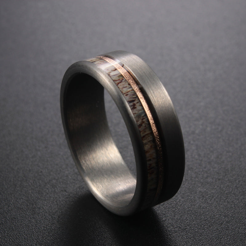 CERVUS Tungsten modern mens ring - antler and rose gold inlay - grey