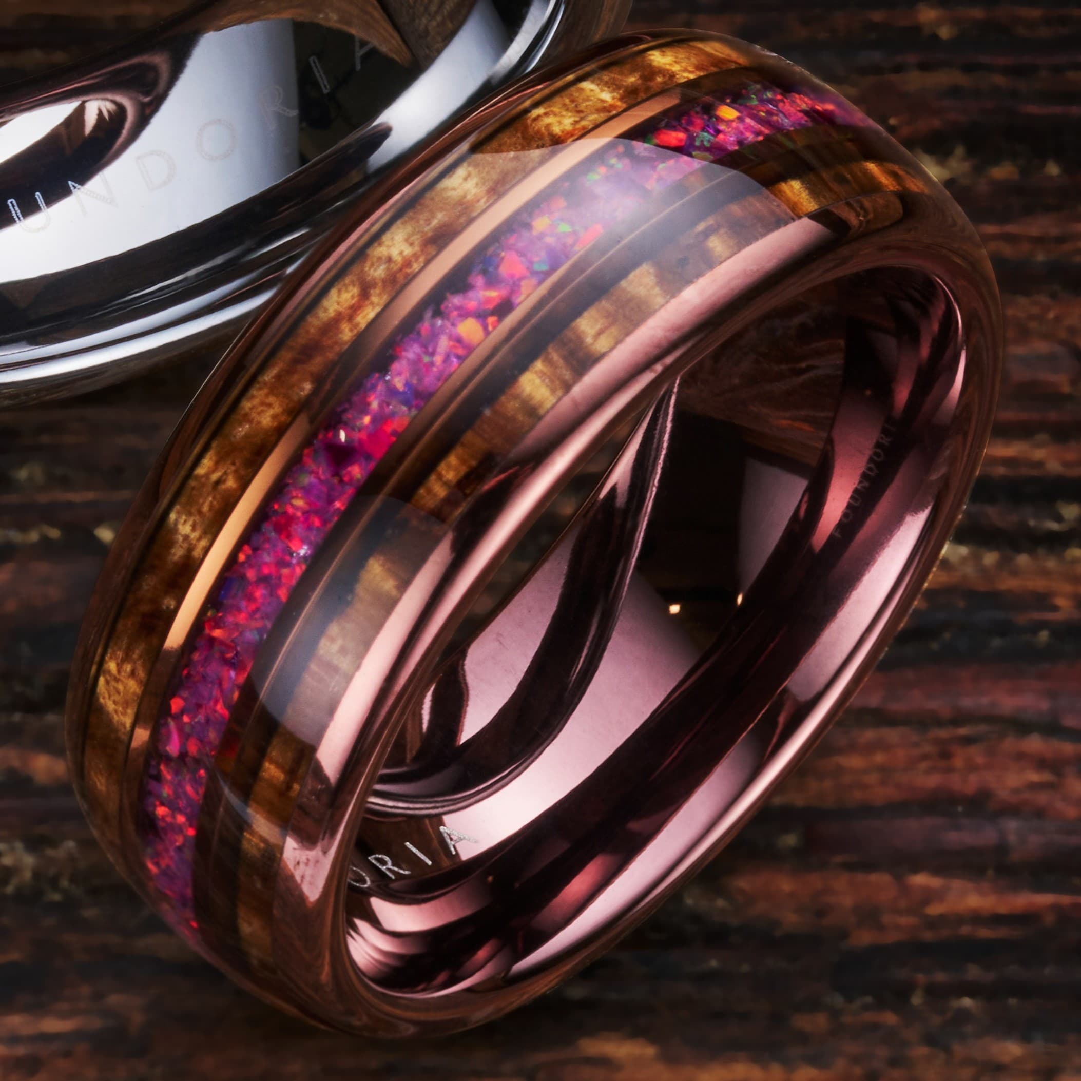Caskara - Coffee Tungsten with Red Opal and Whisky Barrel Wood