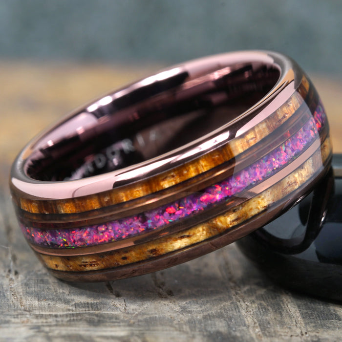 Caskara - Coffee Tungsten Ring with Red Opal and Bourbon Barrel Wood