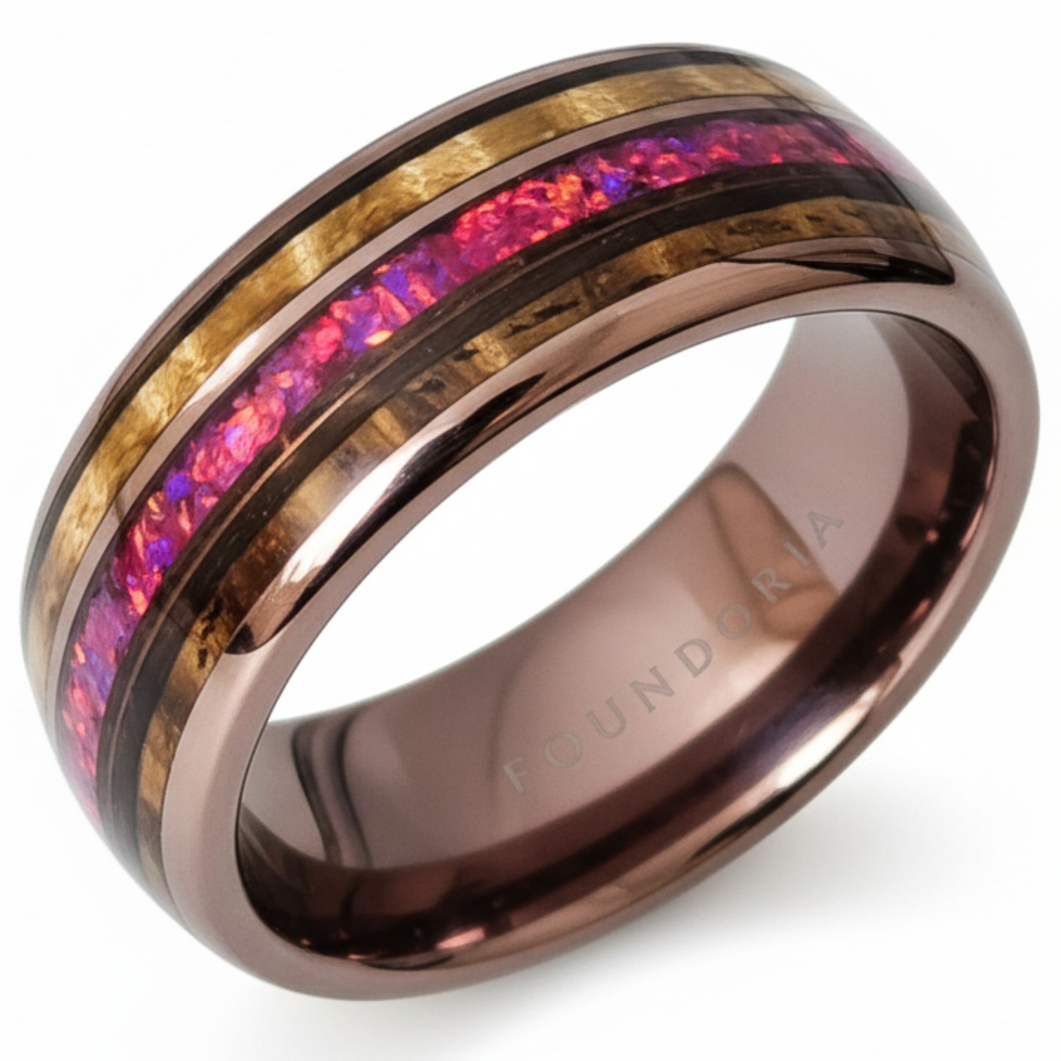 Caskara - Coffee Tungsten with Red Opal and Whiskey Barrel Wood