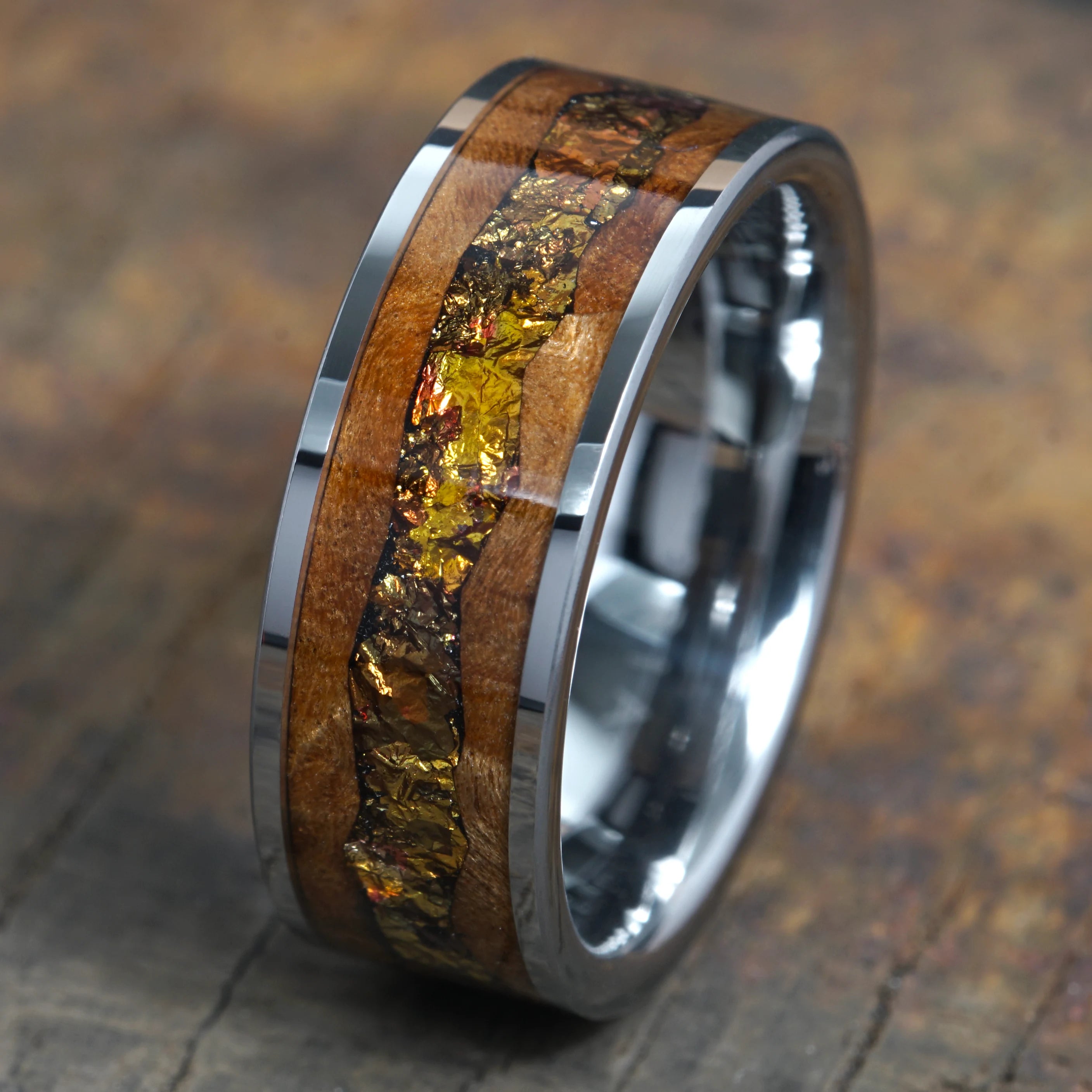 Echelon - Limited Edition Wood Tungsten Ring with Gold Tones
