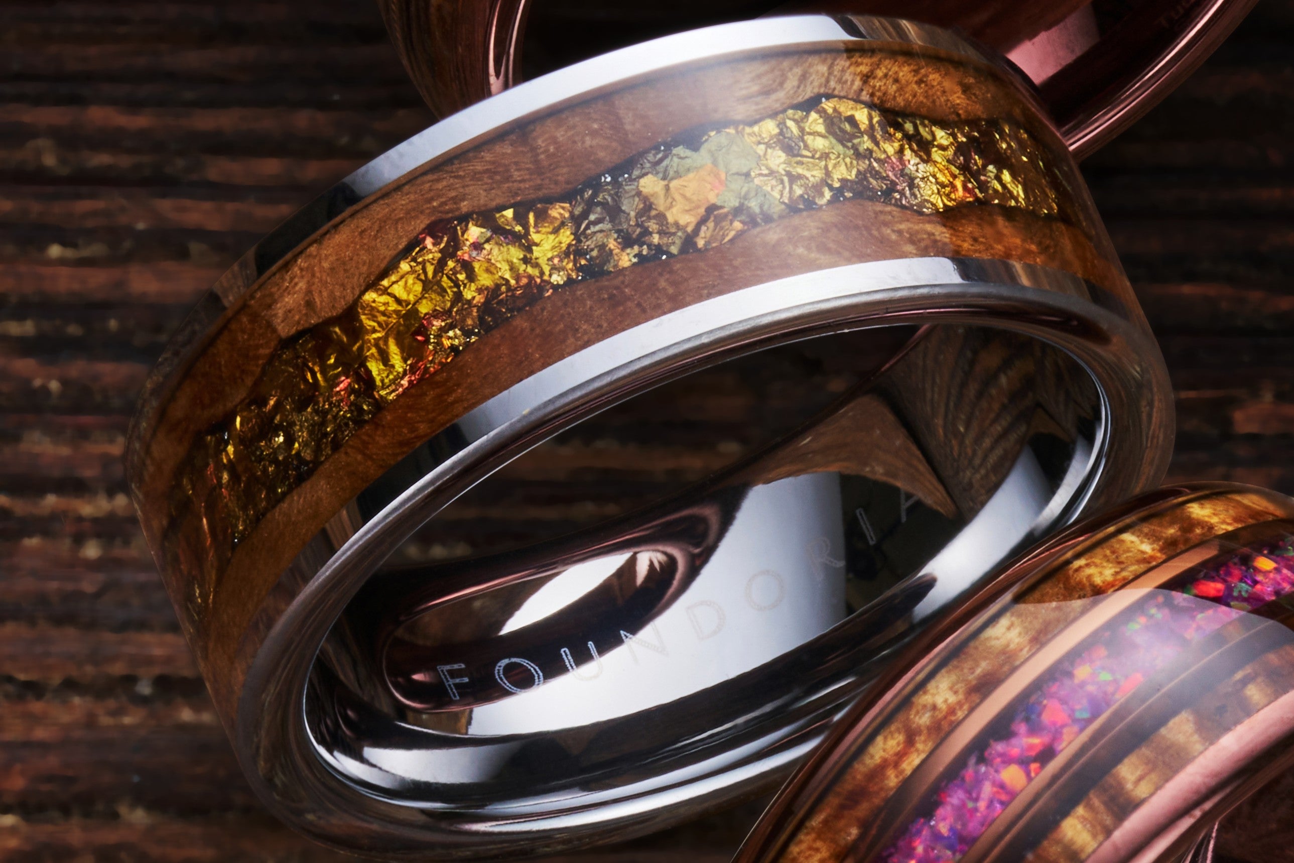 Echelon - Limited Edition Wood Tungsten Ring with Gold Tones