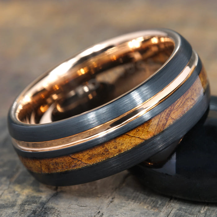 Ember - Black and Rose Gold Tungsten Ring with Bourbon Barrel Wood