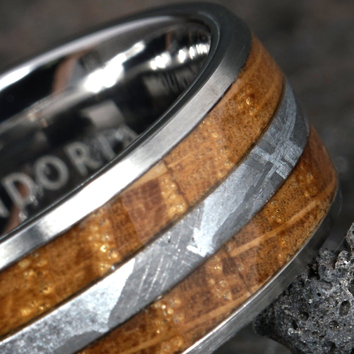 Equinox - Titanium Ring with Meteorite & Bourbon Barrel Wood