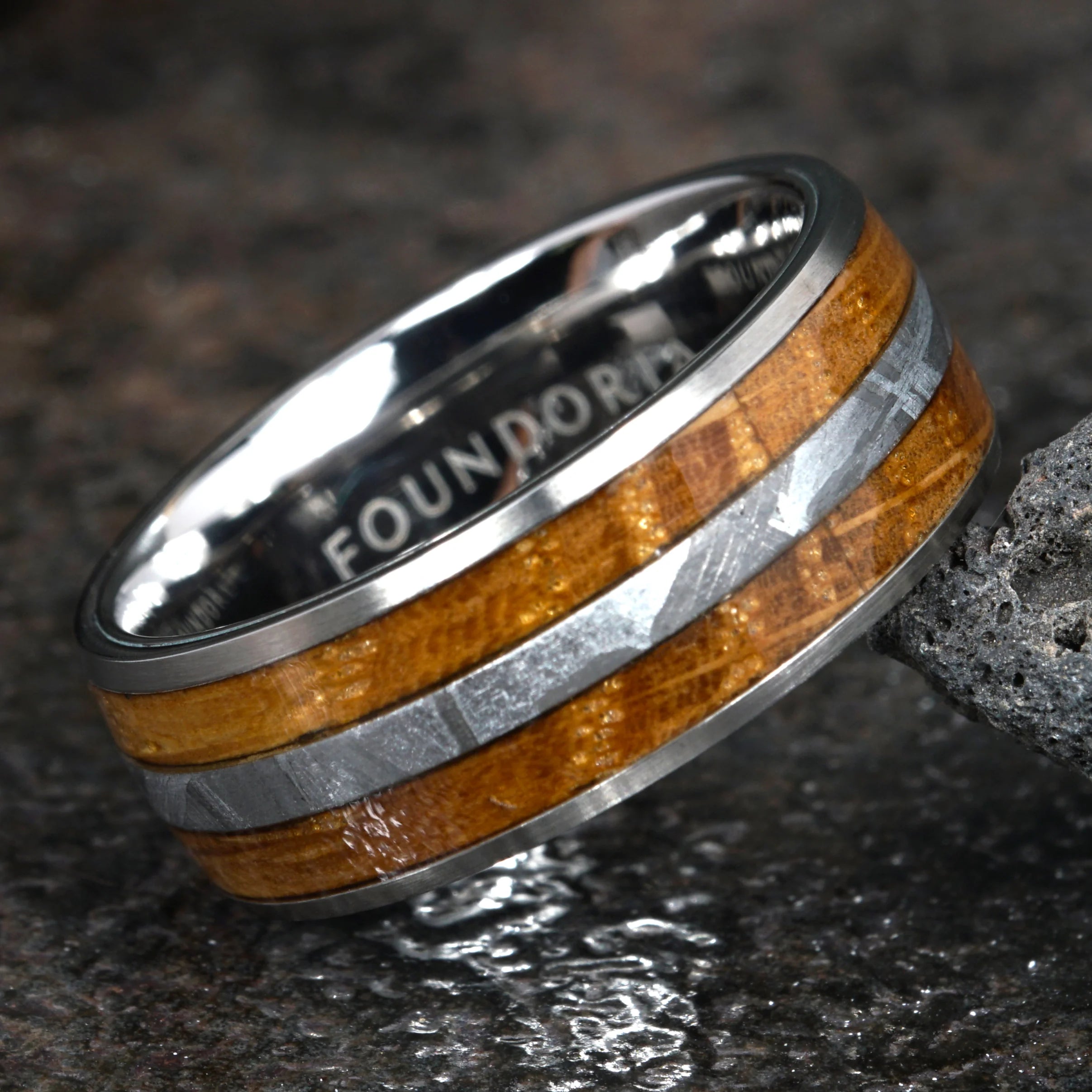 Equinox - Titanium Ring with Meteorite & Bourbon Barrel Wood