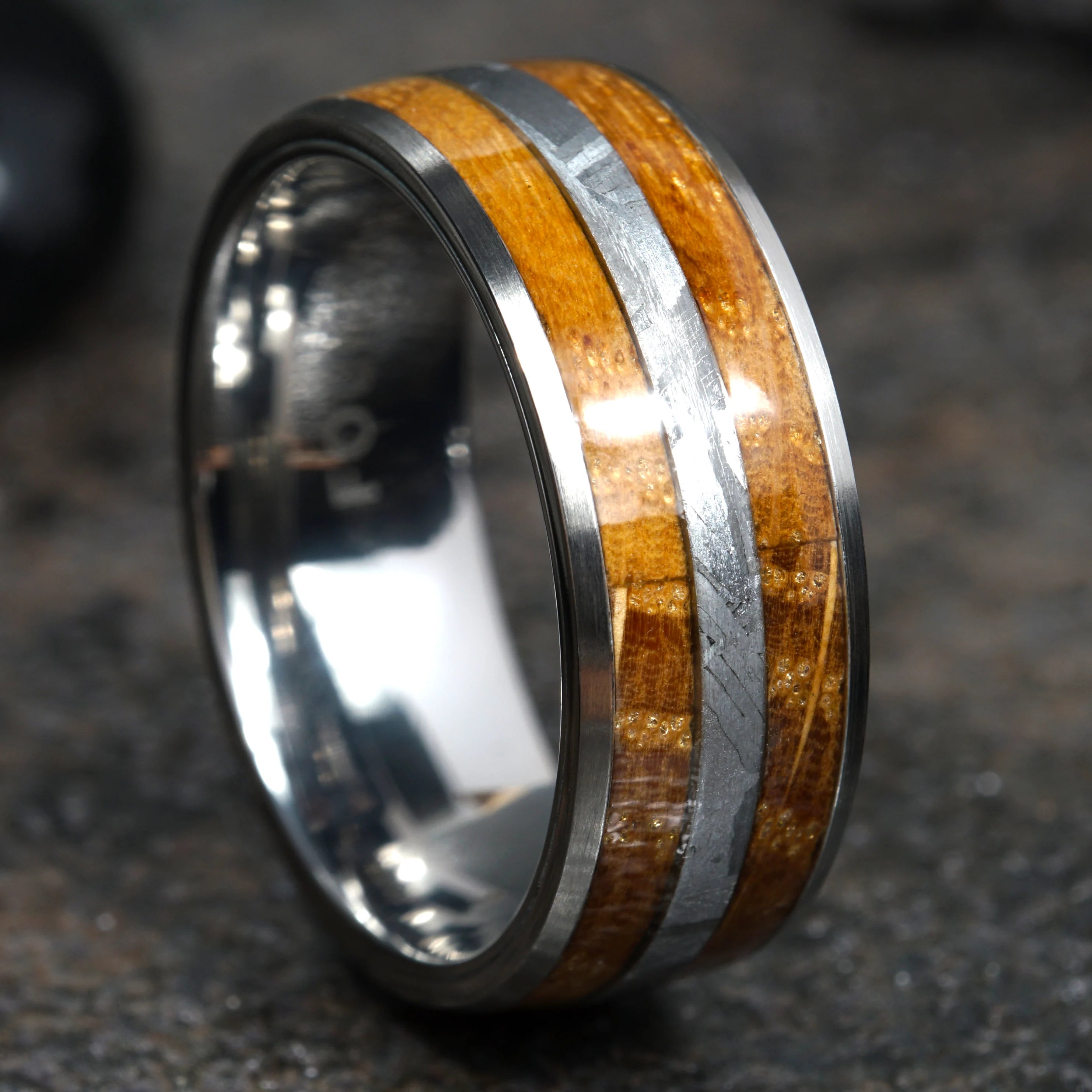 Equinox - Titanium Ring with Meteorite & Bourbon Barrel Wood