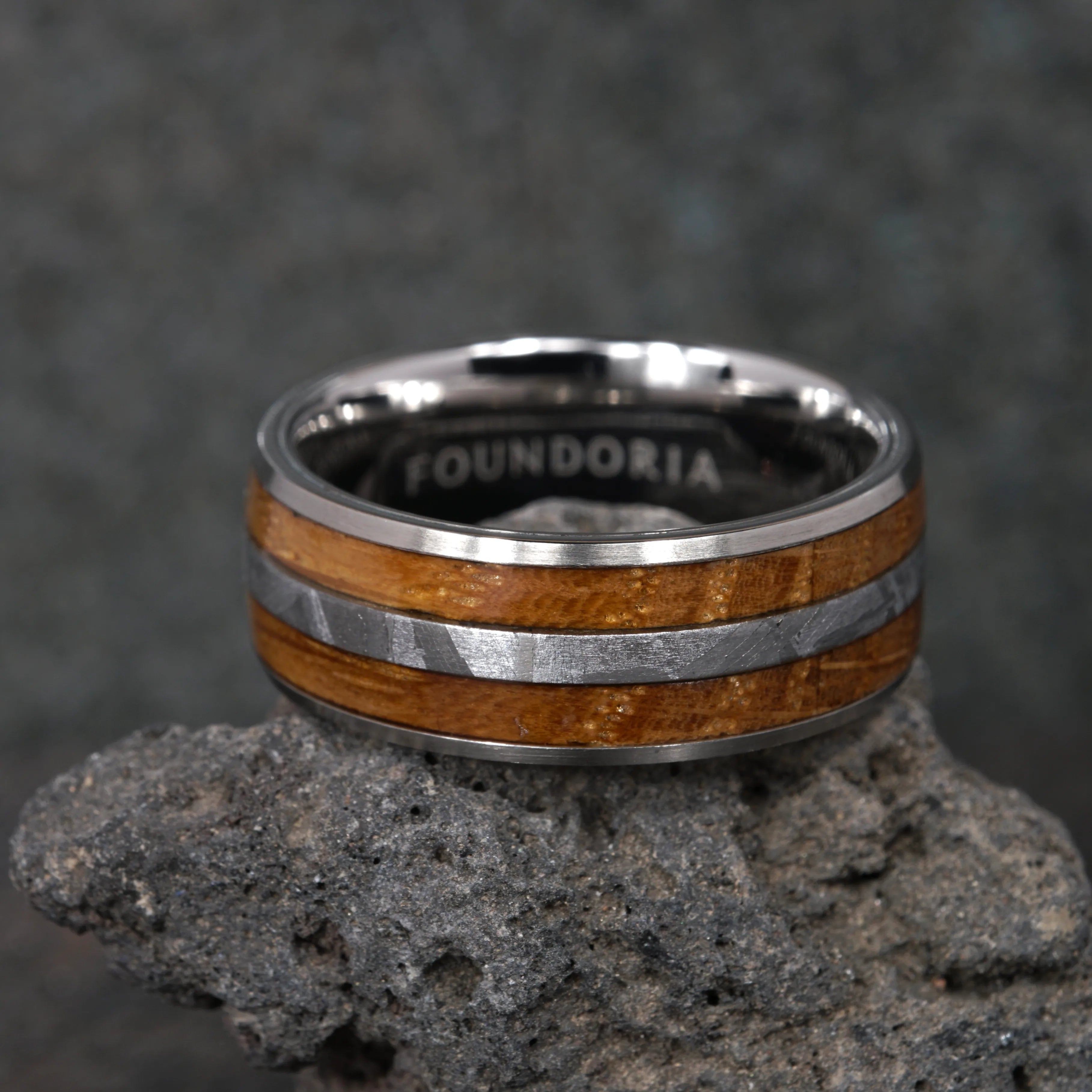 Equinox - Titanium Ring with Meteorite & Bourbon Barrel Wood