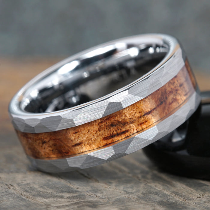 Forge hammered tungsten ring with whisky barrel oak