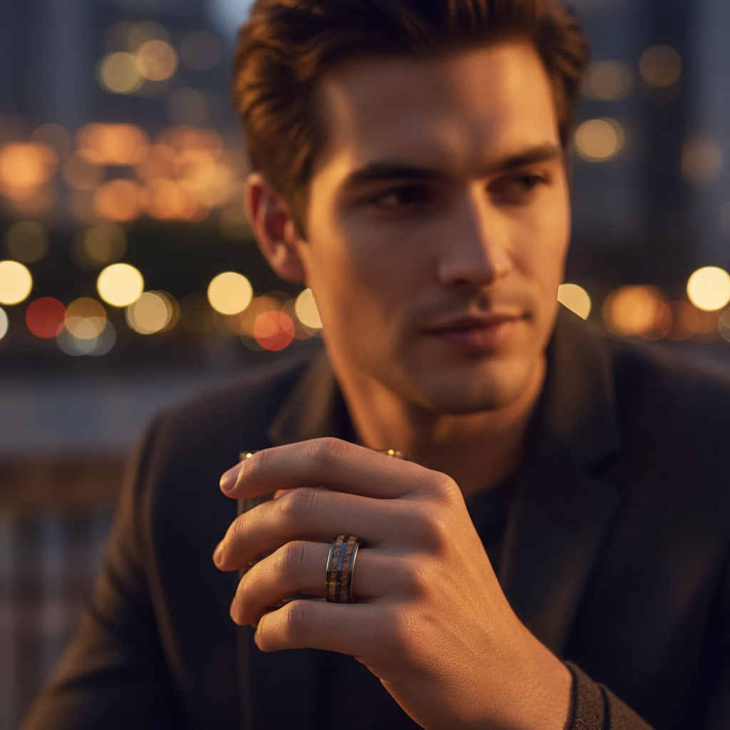 Foundoria Cover Ad Image of man wearing modern tungsten ring