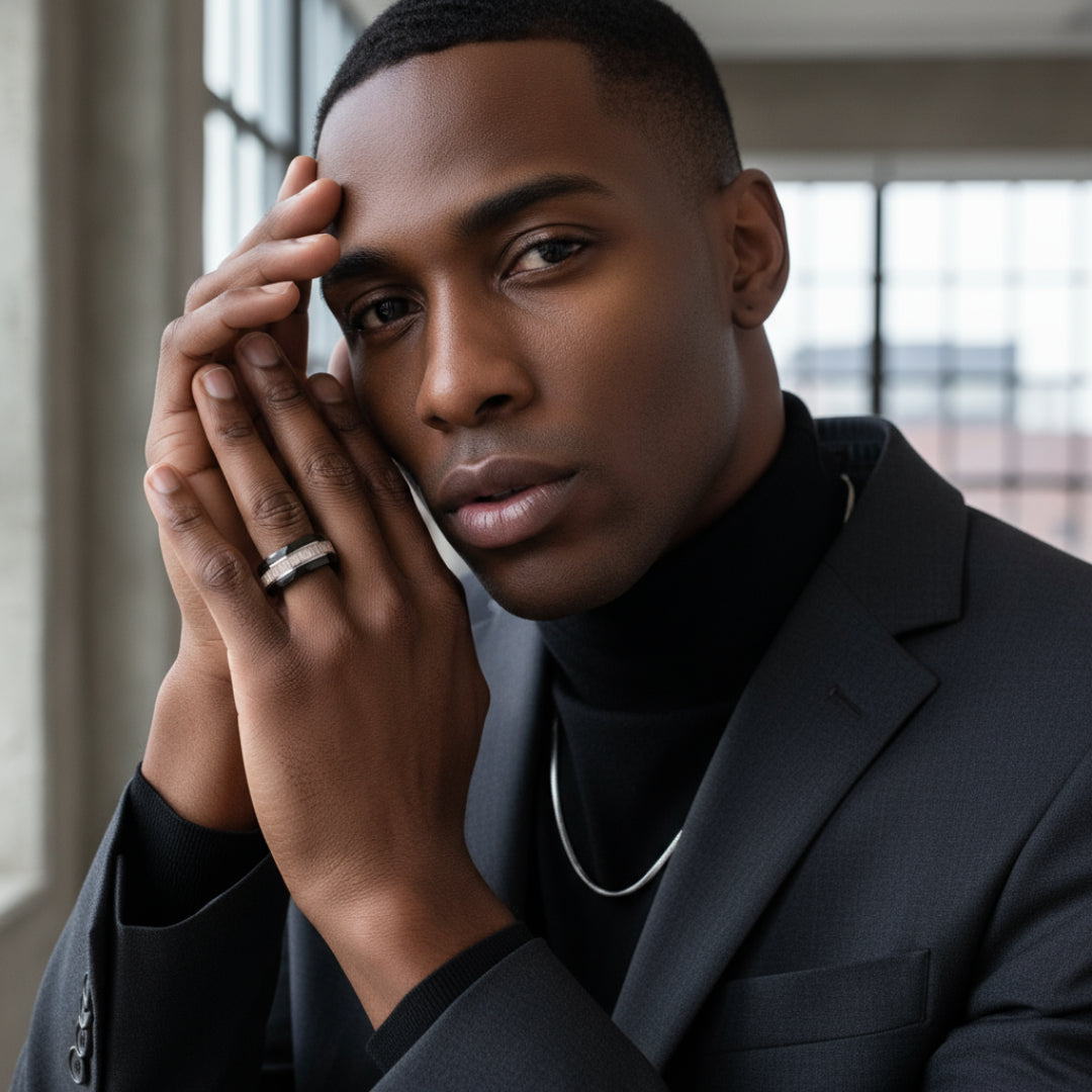 Staghorn - Black Tungsten Ring with Antler