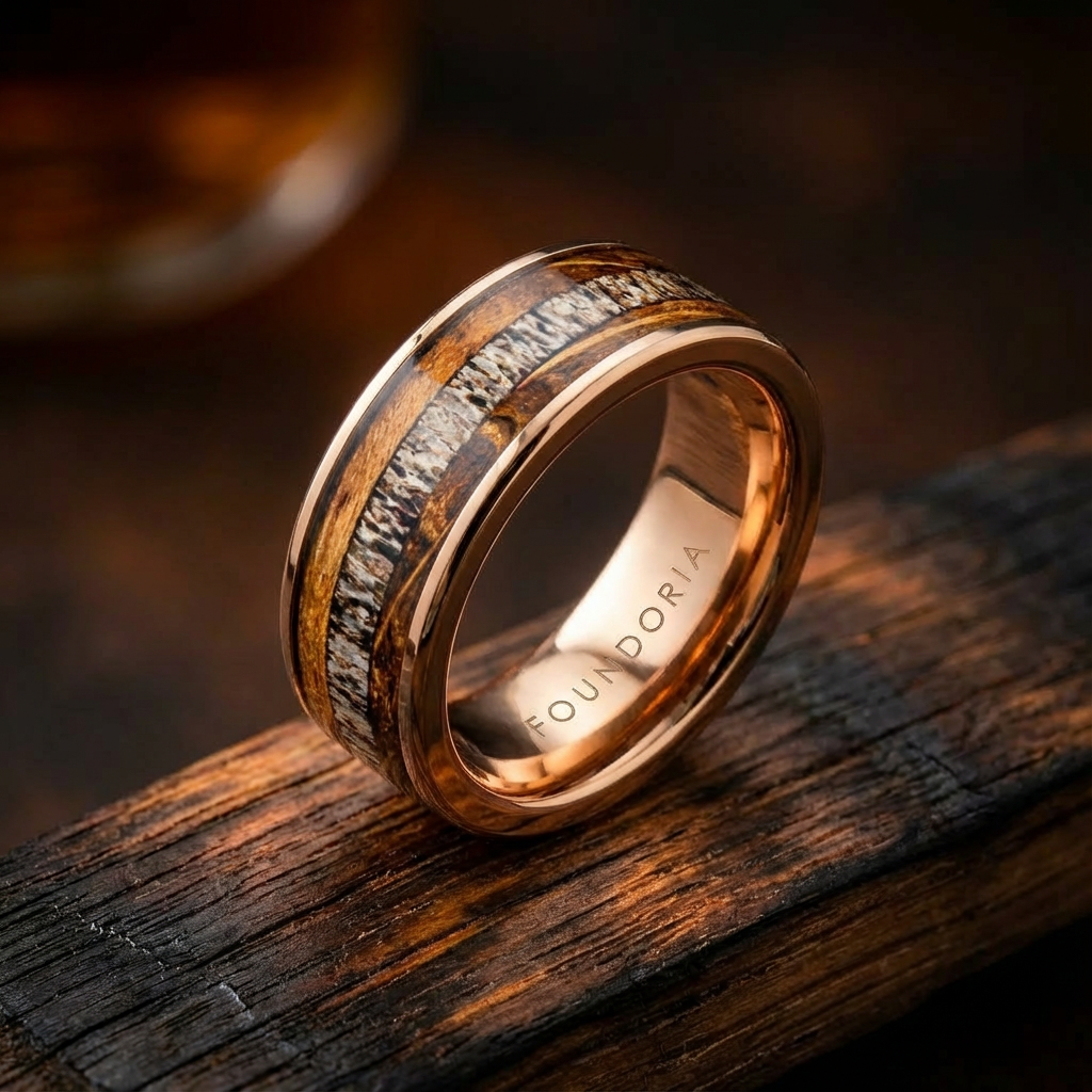 Glen - Rose Gold Tungsten Ring with Antler & Wood