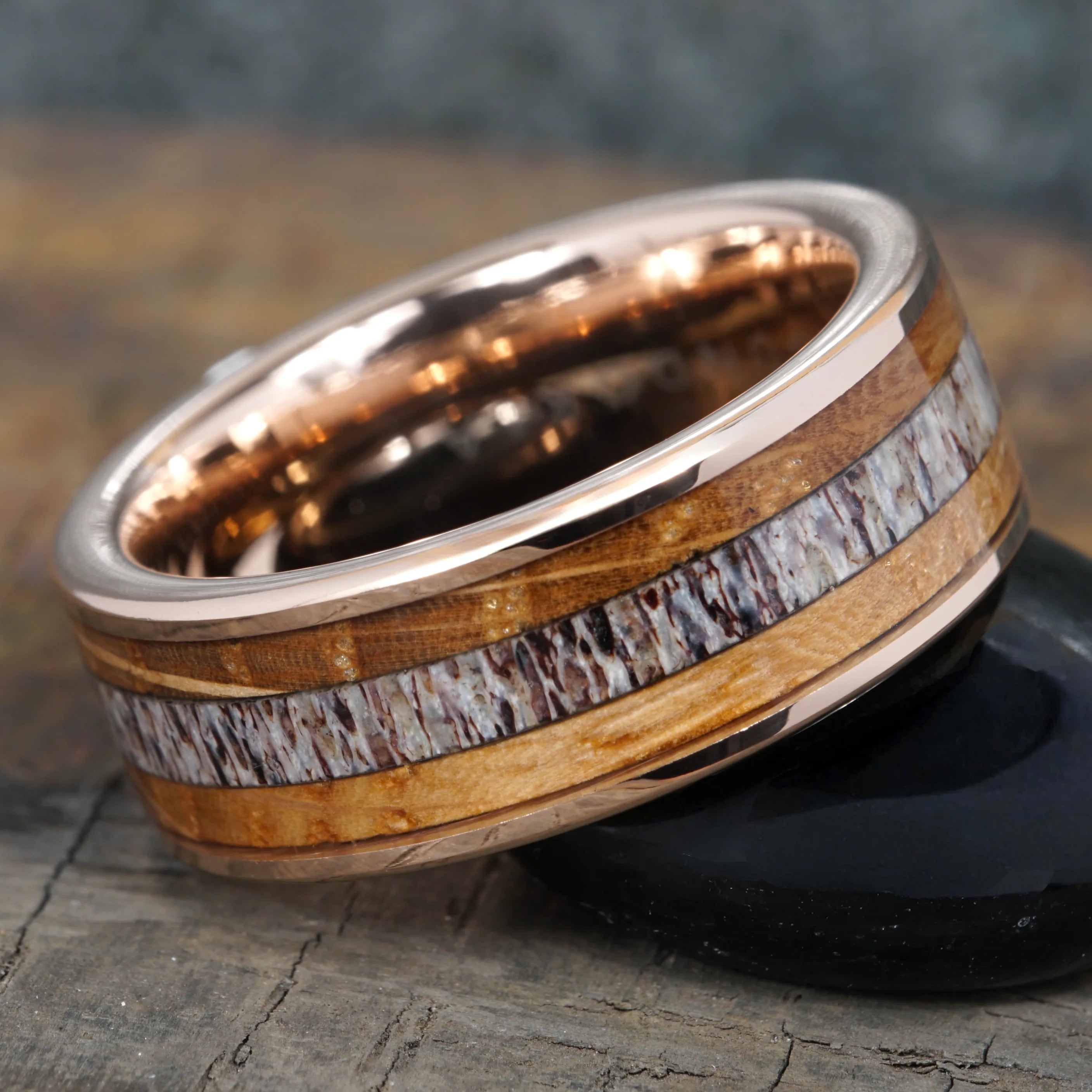 Glen - Rose Gold Tungsten Ring with Antler & Wood