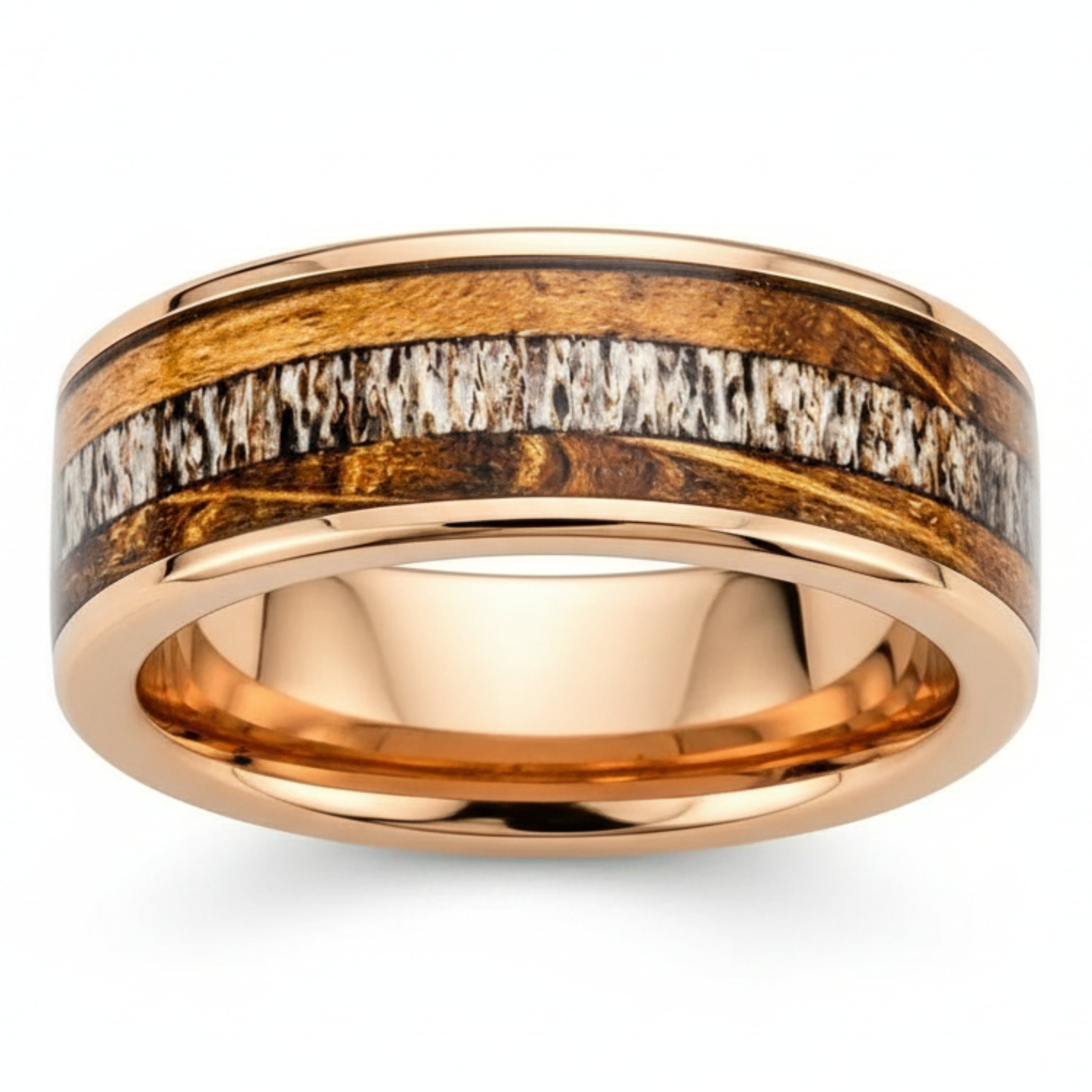 Glen - Rose Gold Tungsten Ring with Antler & Wood