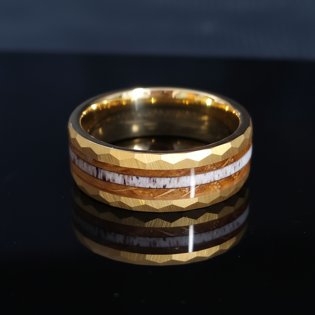 CERVUS Tungsten Wedding Ring – 8mm Flat Hammered Band with Deer Antler & Whiskey Barrel Wood