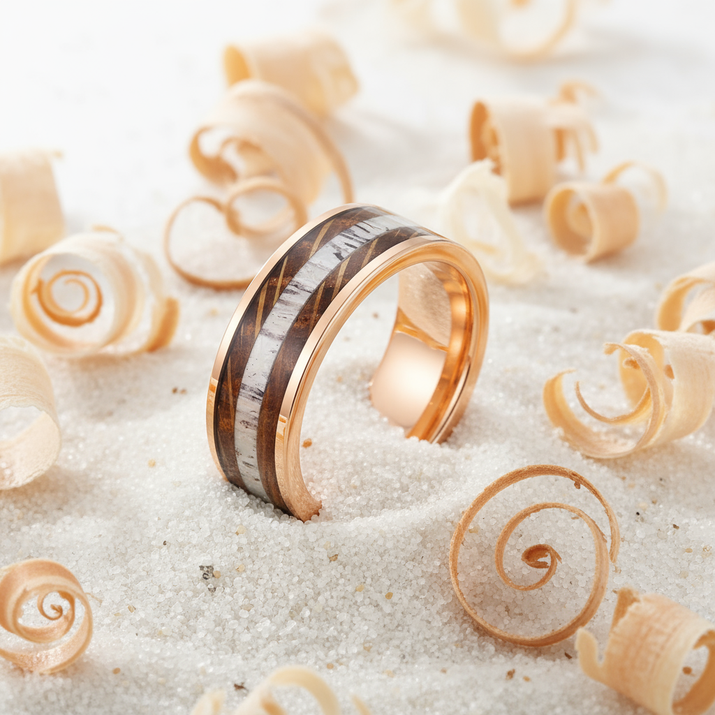 Gold ring with wooden inlay on a sandy background with seashells
