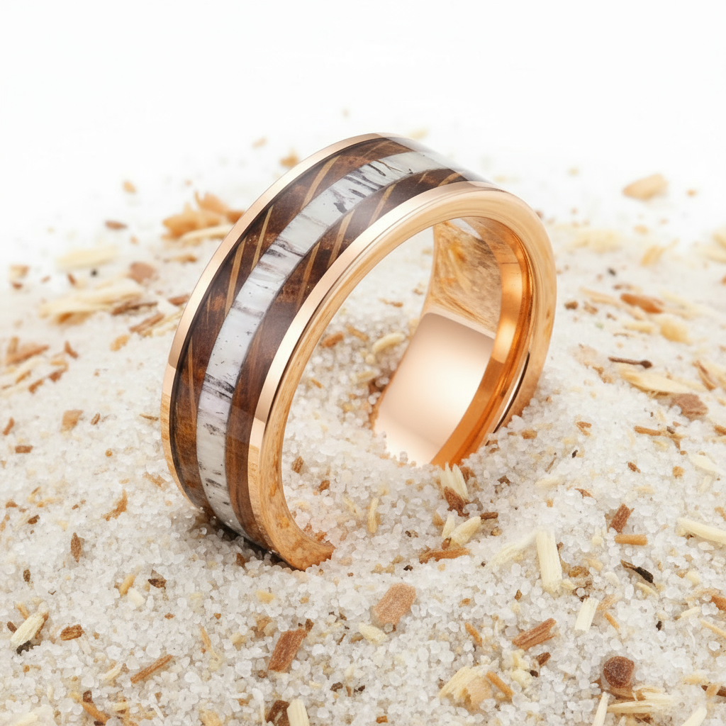 Gold ring with wooden inlay on a sandy surface