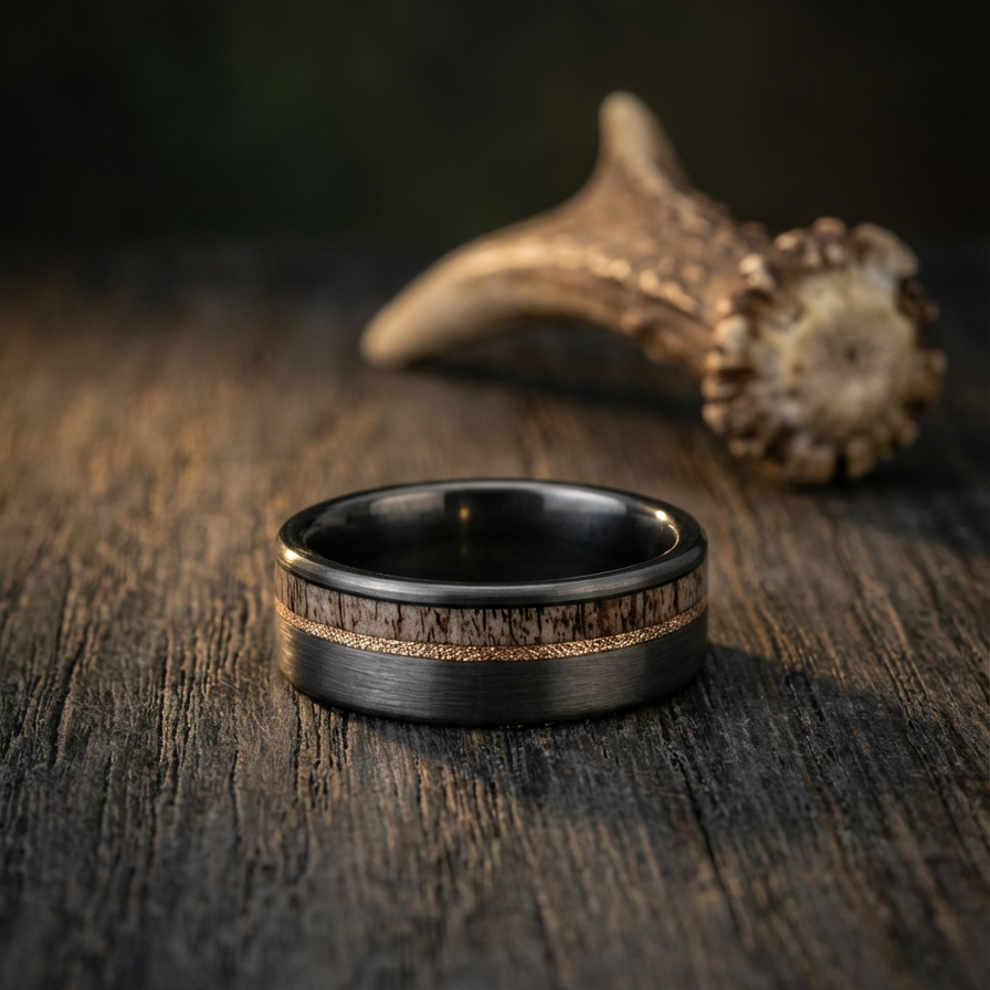 Haven - Deer Antler Tungsten Ring with Rose Gold