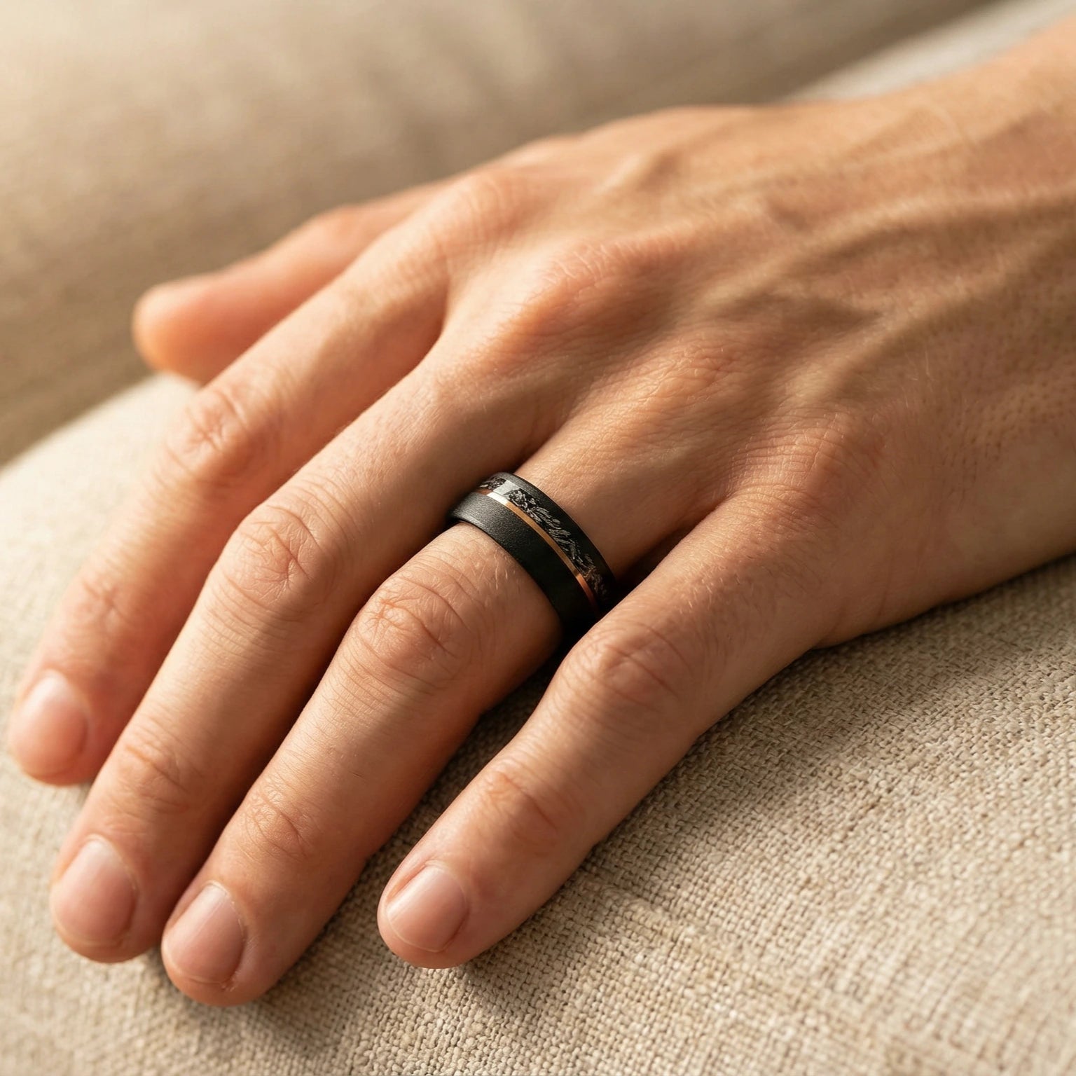 Lunaris - Tungsten Ring with Meteorite & Rose Gold