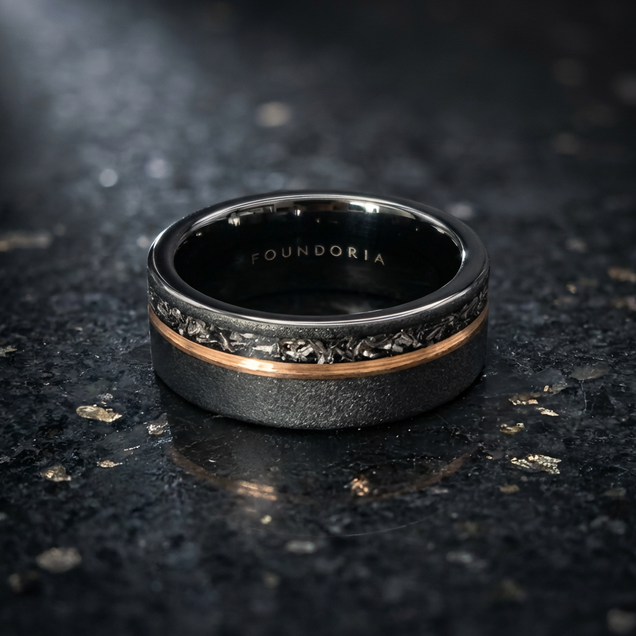 Lunaris - Tungsten Ring with Meteorite & Rose Gold