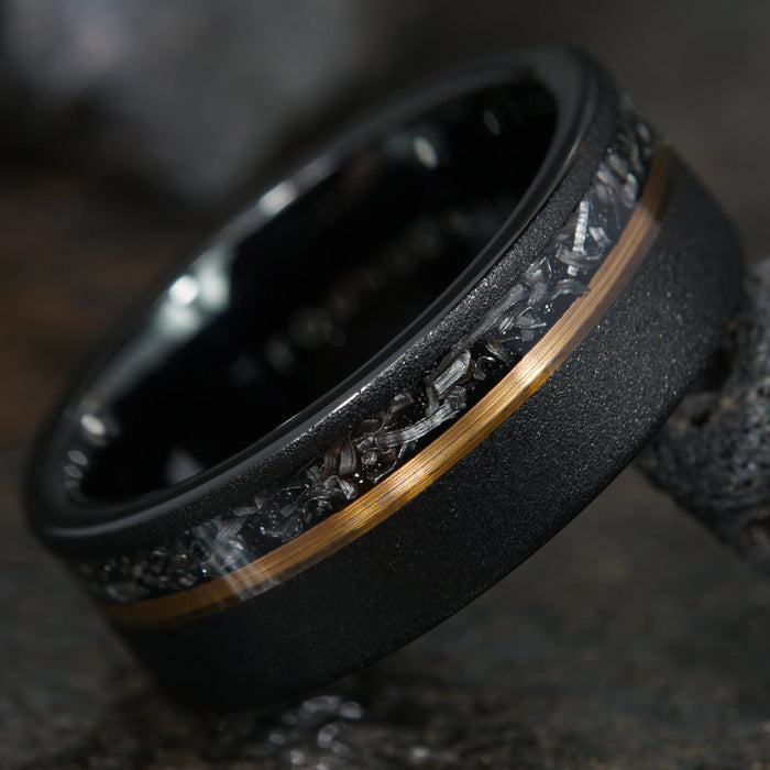 Lunaris - Black Tungsten Ring with Crushed Meteorite and Rose Gold