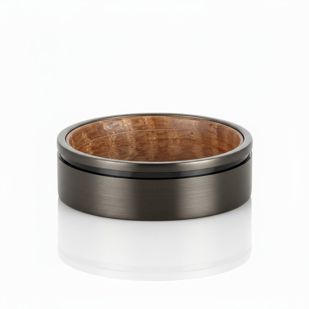 WELDWOOD Tungsten & Whiskey Barrel Ring – 8mm Matte Grey with Line Detail
