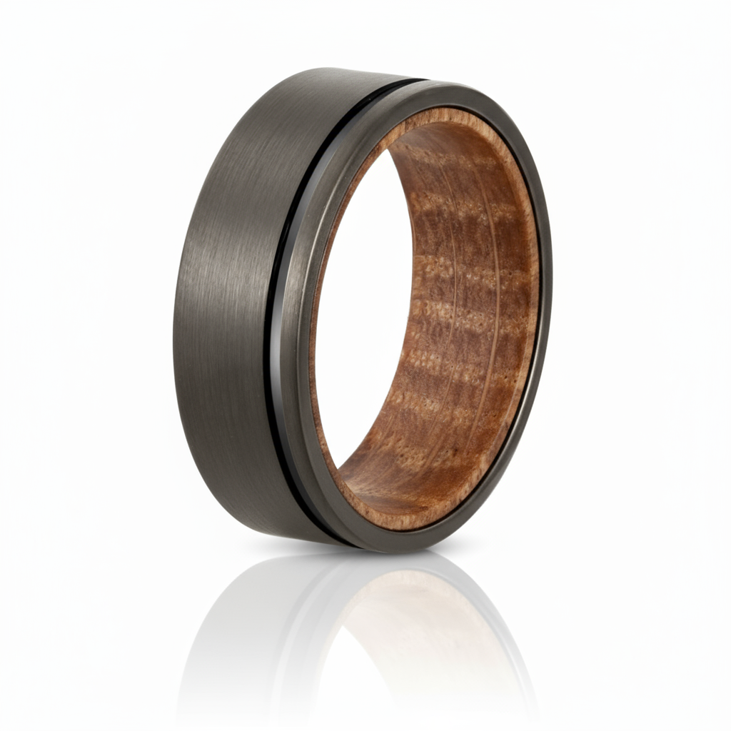 WELDWOOD Tungsten & Whiskey Barrel Ring – 8mm Matte Grey with Line Detail