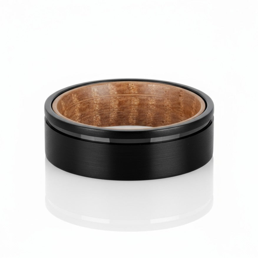 WELDWOOD Tungsten & Whiskey Barrel Ring – 8mm Matte Black with Line Detail