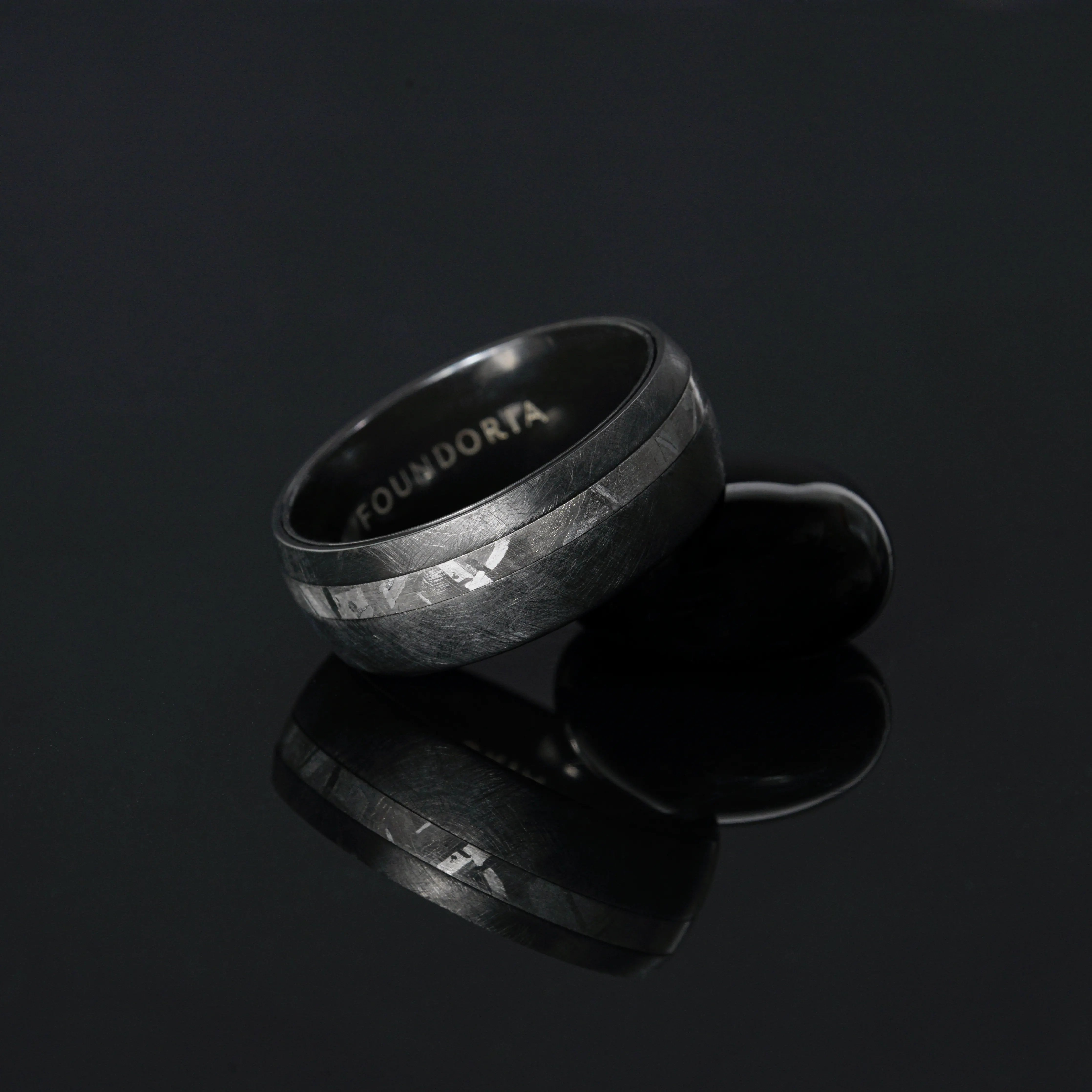 Nyx - Black Zirconium Ring with Offset Meteorite Line