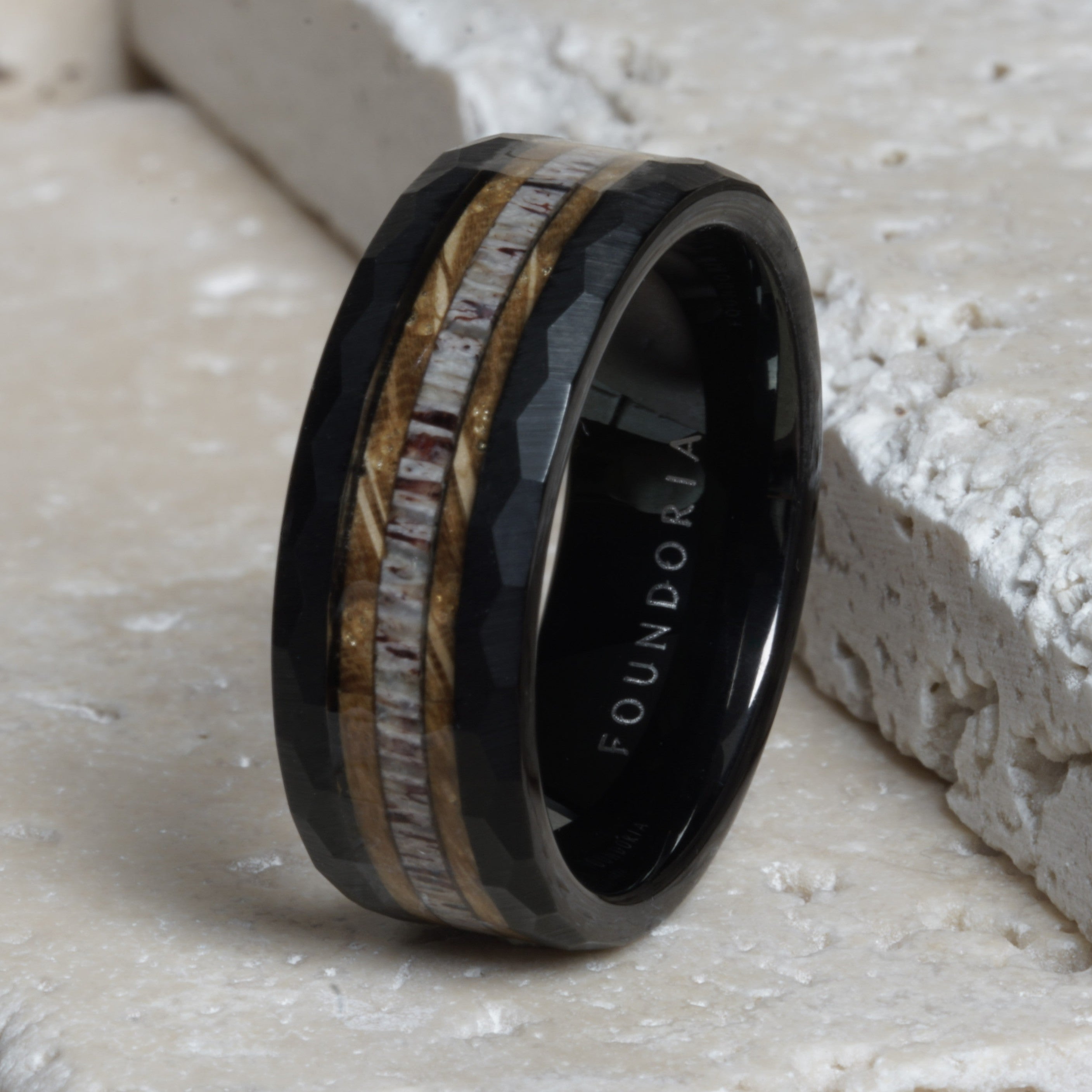 Ridge - Hammered Tungsten Ring with Antler