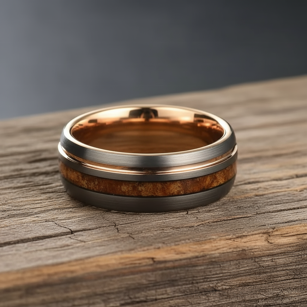 Rose Gold wooden inlay on a wooden surface