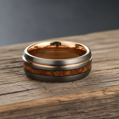 Rose Gold wooden inlay on a wooden surface