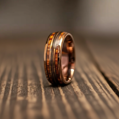 Rose gold ring with wooden inlay on a wooden surface