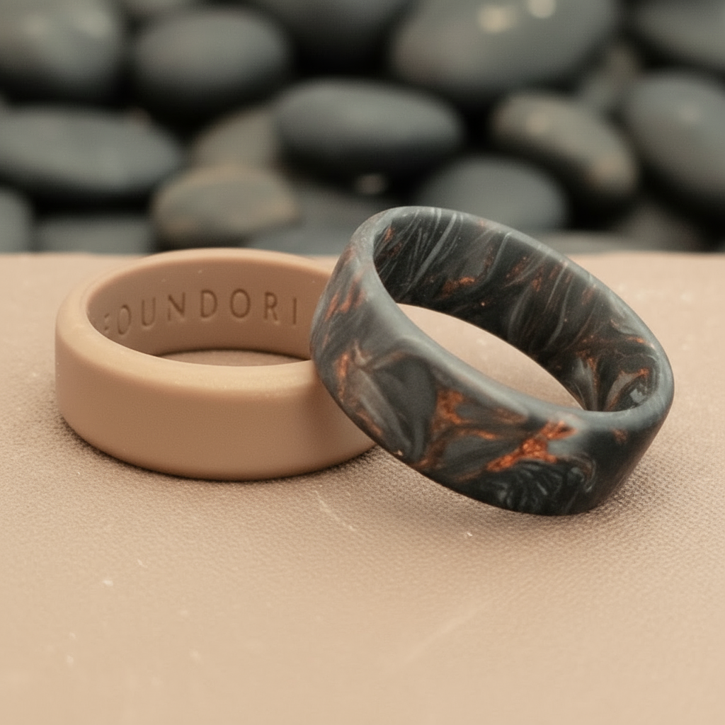 STRATUM Carbon Fibre Modern Mens ring with Bronze Silicone second band | Foundoria