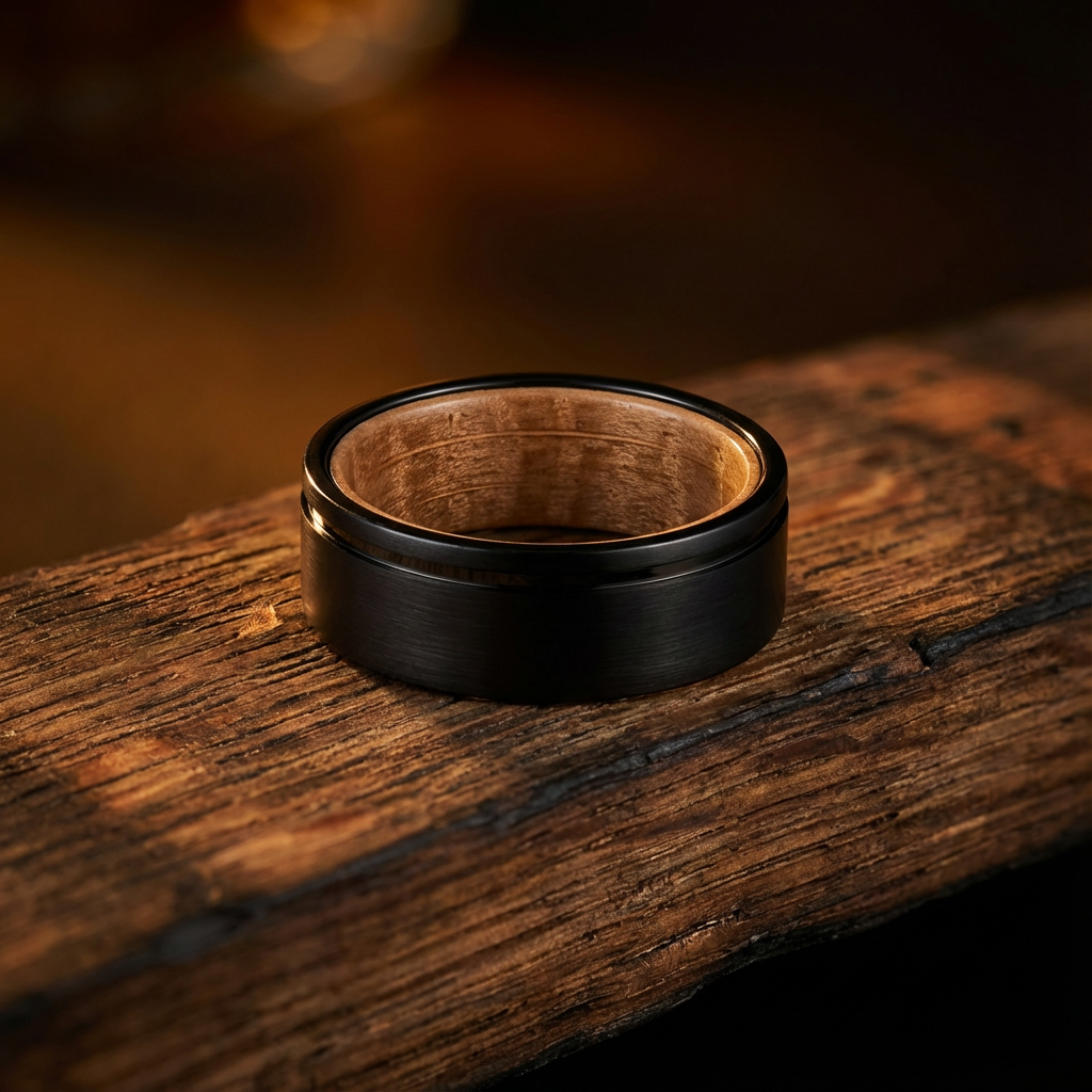 Ascent - Matte Black Tungsten with Whiskey Barrel Wood