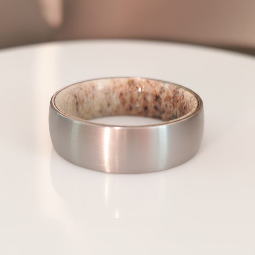CERVUS Men’s Tungsten Wedding Ring – 8mm Brushed Silver with Antler Interior
