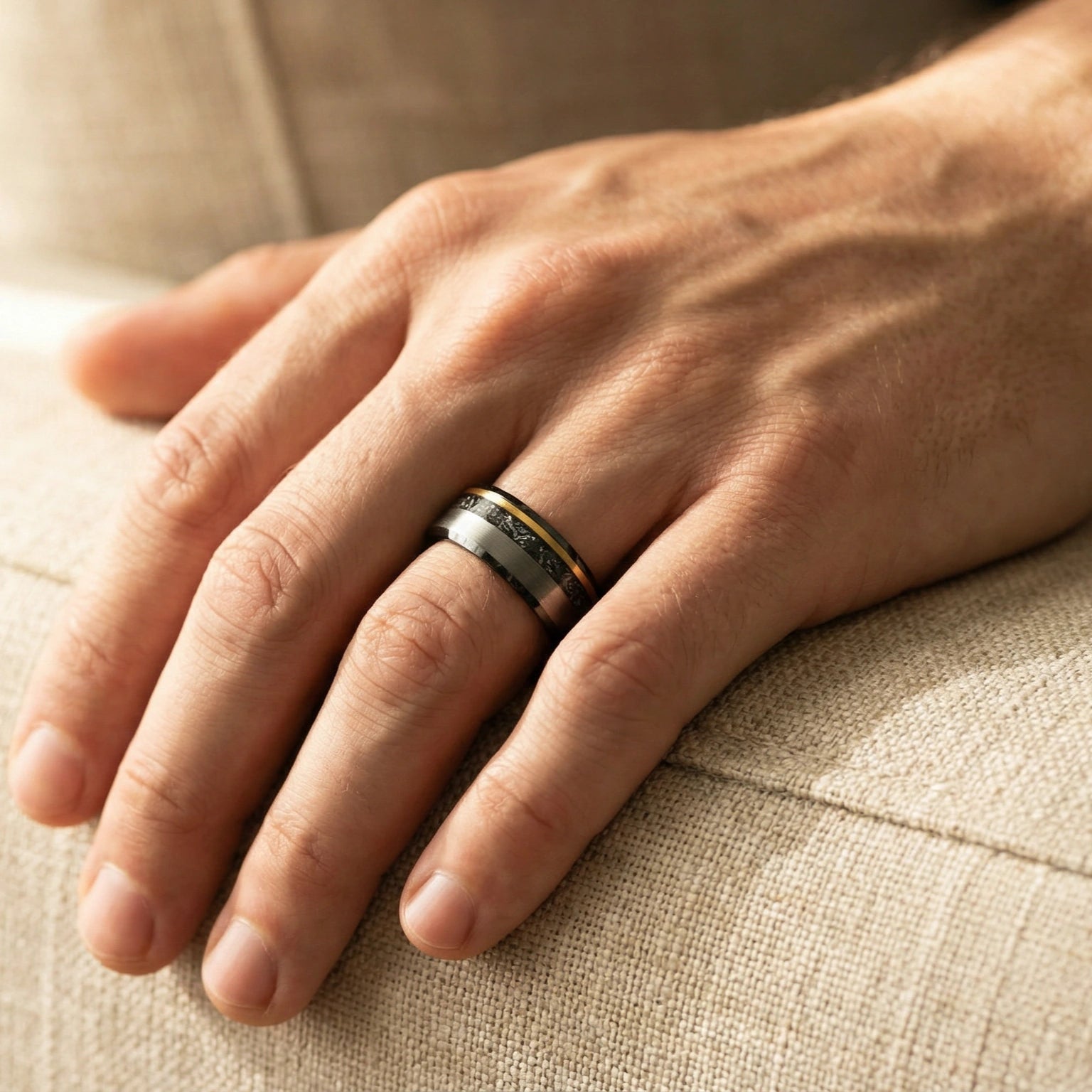 Stellar Tungsten Ring with Meteorite - Hand Model