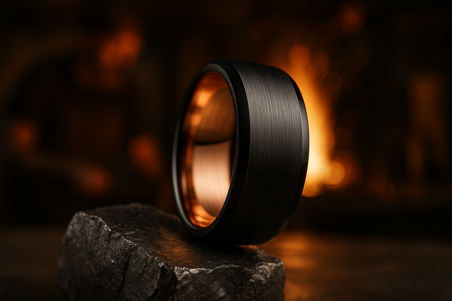 Tungsten Wedding Ring - Brushed Black exterior, rose gold interior