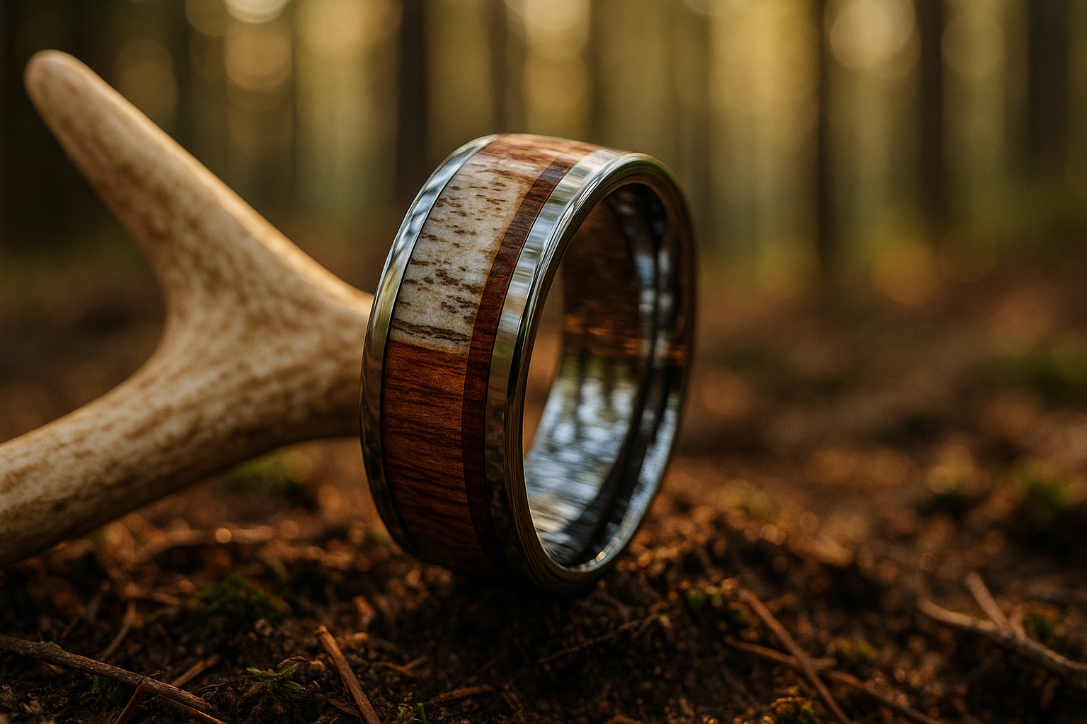 Tungsten Wedding ring - modern dear antler and wood