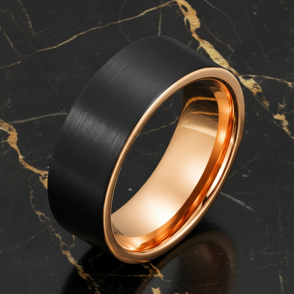 Two-tone ring with black and rose gold finish on a dark marble background