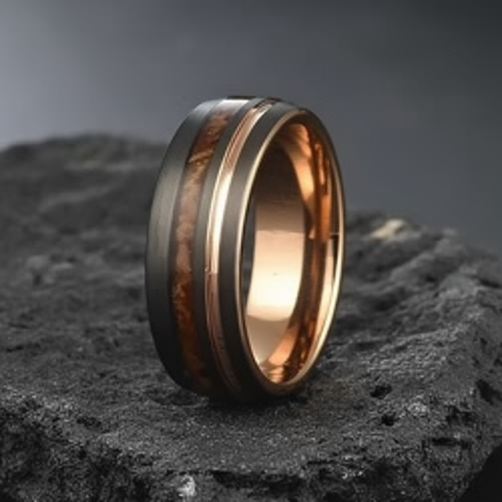 Two-tone ring with rose gold finish on a dark textured surface